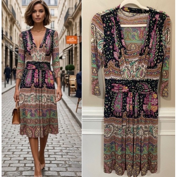 Etro Dresses & Skirts - Etro Italy Paisley Stretch Jersey Midi Dress Multi Color Size IT 46 US 10